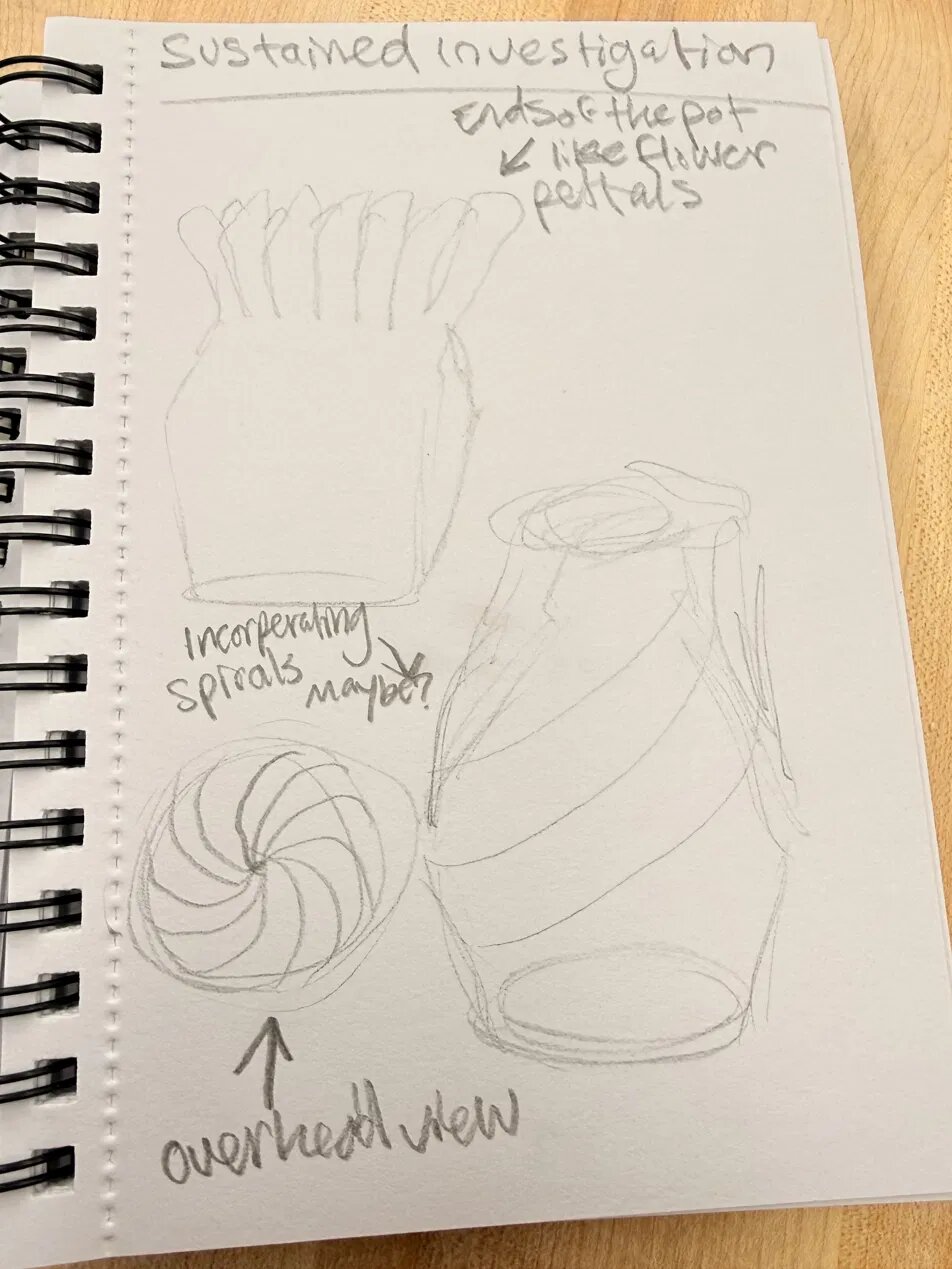 Sketchbook page titled Sustained Investigation with pencil studies of vessels and flower-petal forms